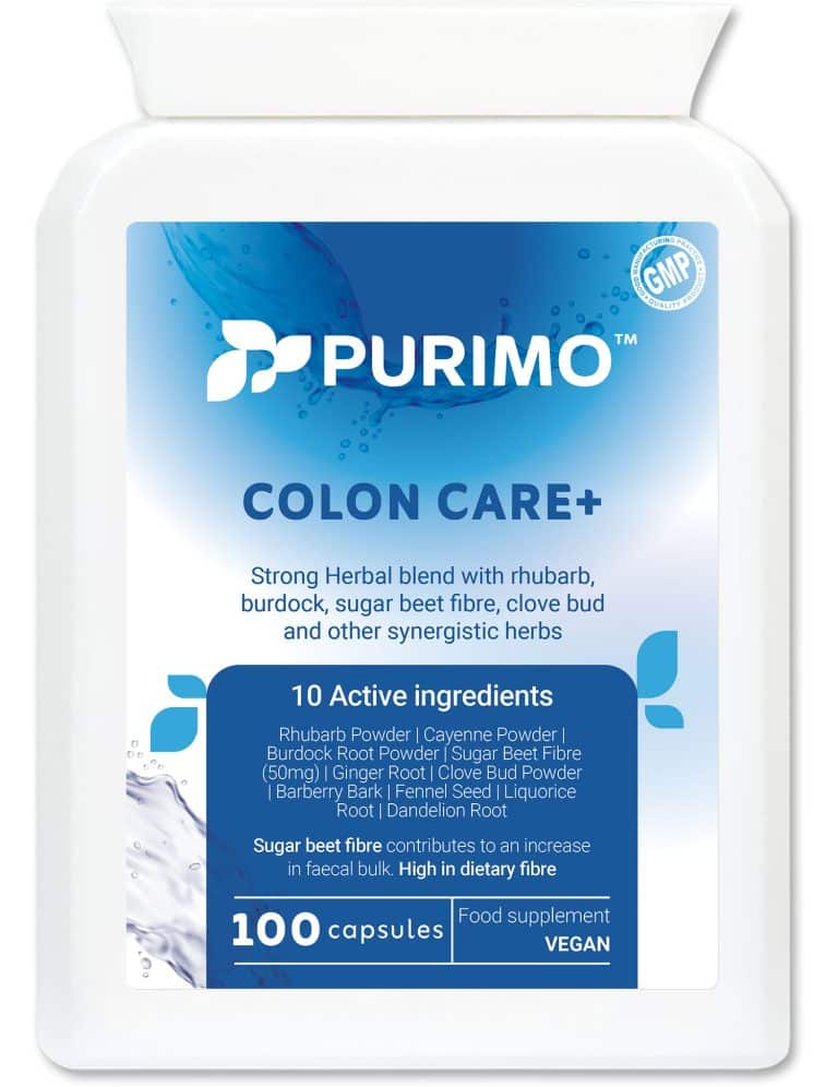 The front of the Purimo colon cleanse supplement, Colon Care+. The container features a blue label with the Purimo logo.