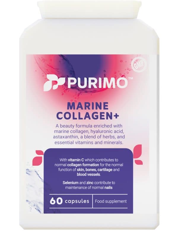 The front of the Marine Collagen+ container features a blue label with the Purimo logo.