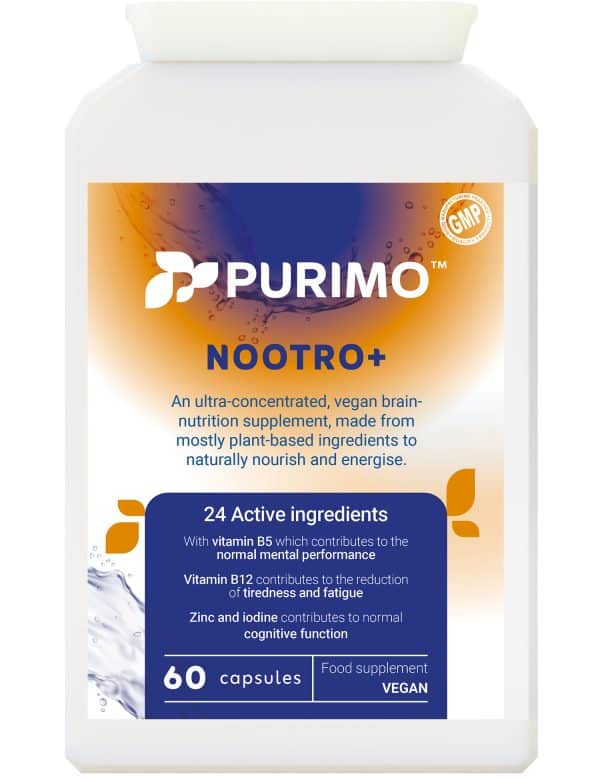 The front of the Purimo nootropic supplement, Nootro+. The container features an orange and purple label with the Purimo logo.
