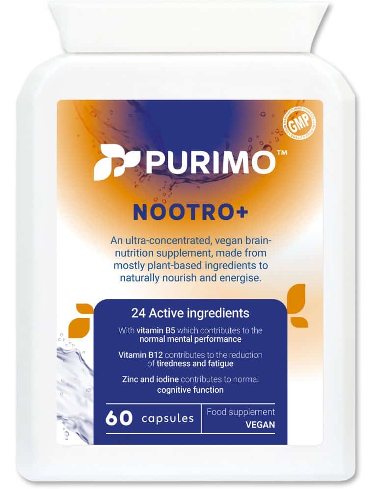 The front of the Purimo nootropic supplement, Nootro+. The container features an orange and purple label with the Purimo logo.