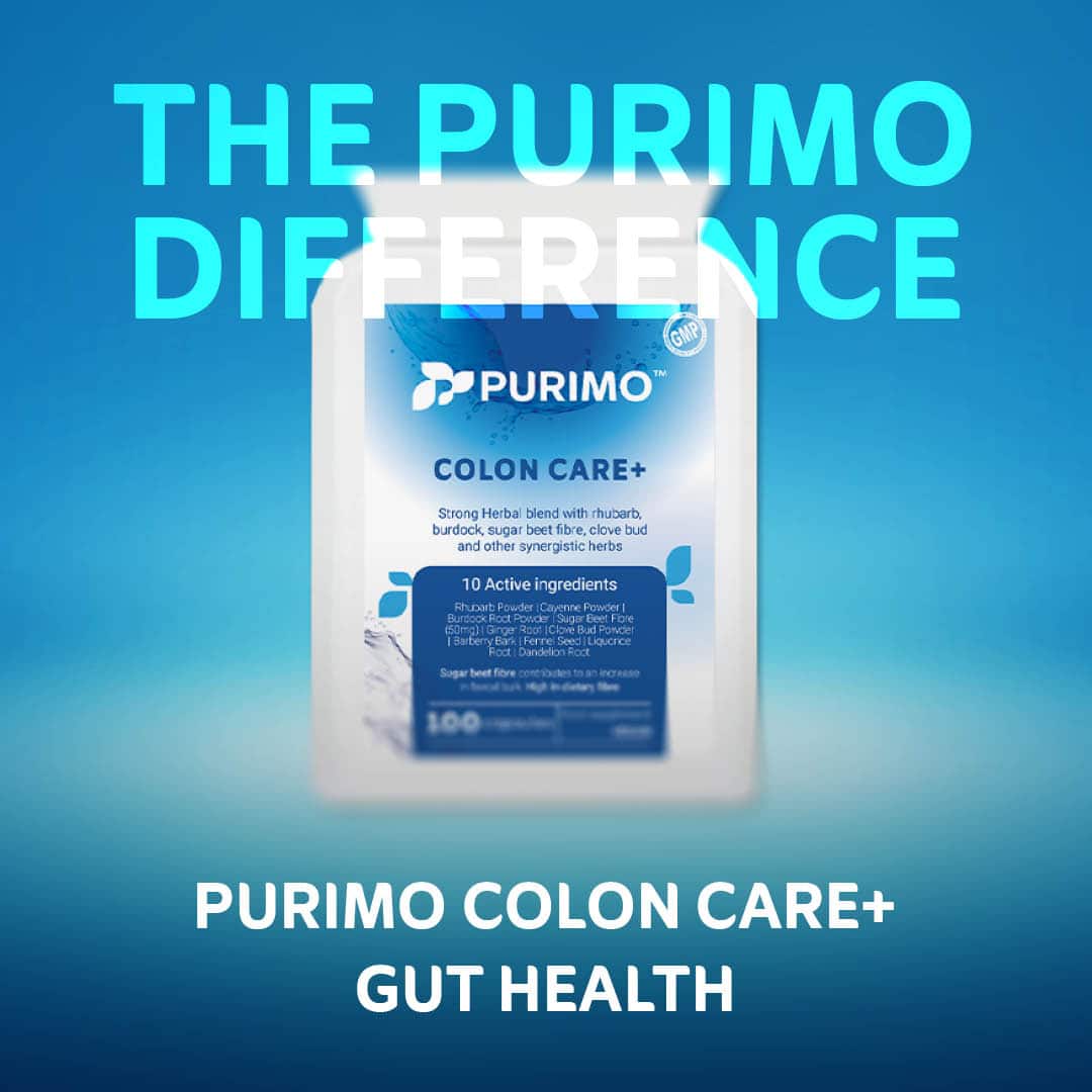 Colon Care+ graphic - A photo of our colon cleanse on a blue gradient with text saying "the Purimo difference" and "gut health".