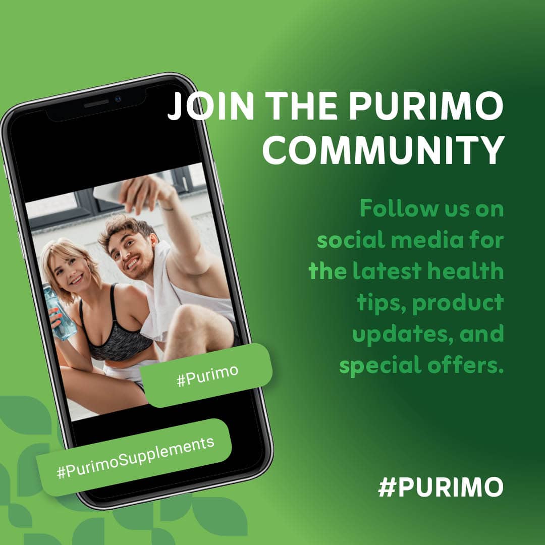 Join the Purimo community graphic - An image of a smartphone with gym goers taking a selfie, joining the Purimo social media community with #Purimo.