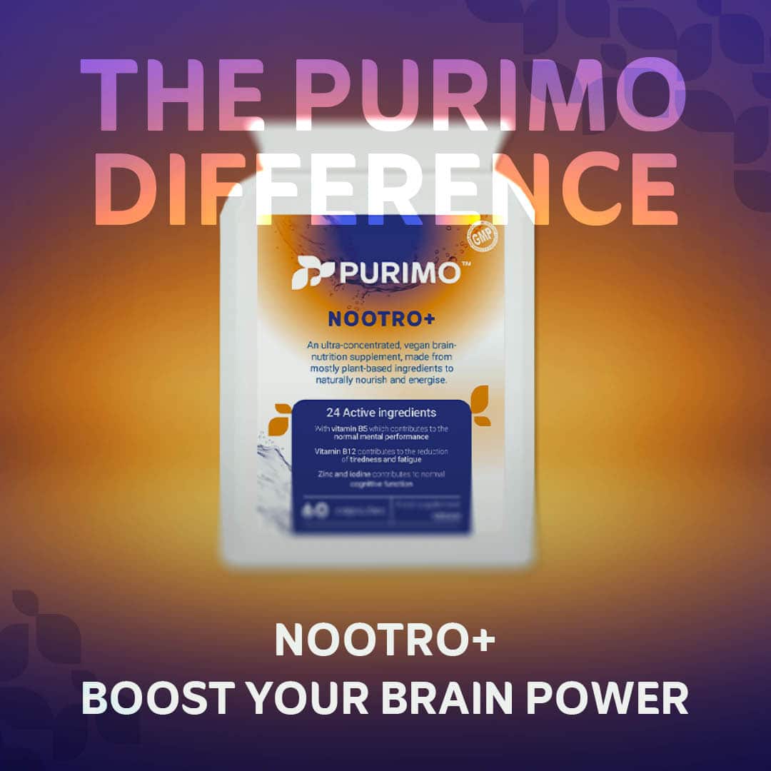 Nootro+ graphic - A photo of our nootropic on a purple and orange gradient with text saying "the Purimo difference" and "Nootro+ boost your brain power".