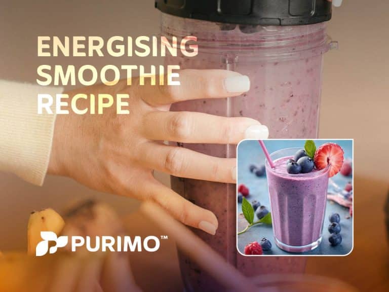 A graphic showcasing our Purimo energising smoothie recipe, featuring our Nootro+ nootropic supplement alongside the finished smoothies.