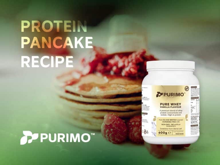 A graphic of our Purimo whey protein pancake recipe, featuring vanilla Pure Whey and the finished pancakes.