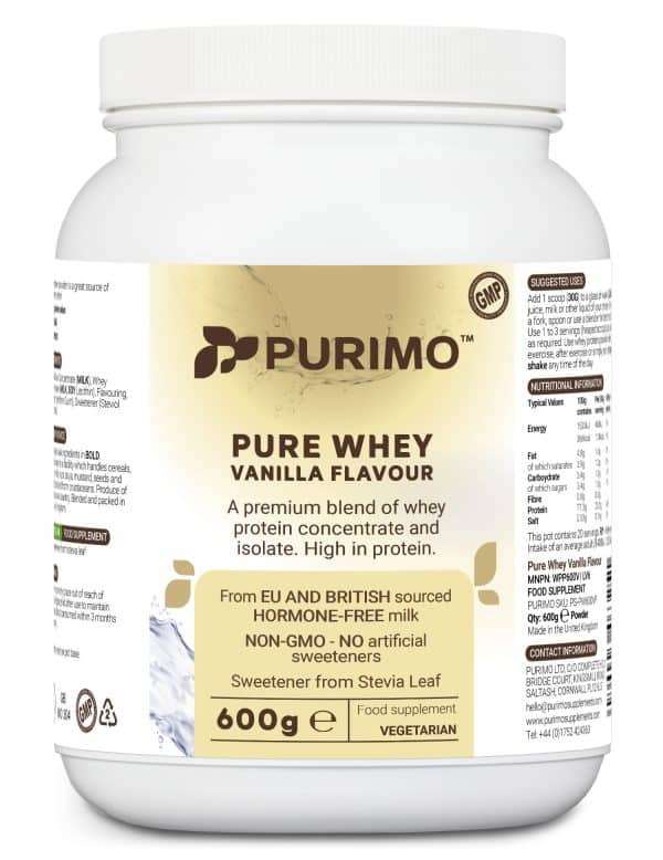 The front of our Pure Whey Protein Vanilla Flavour. The pot features a Vanilla label with the Purimo logo.