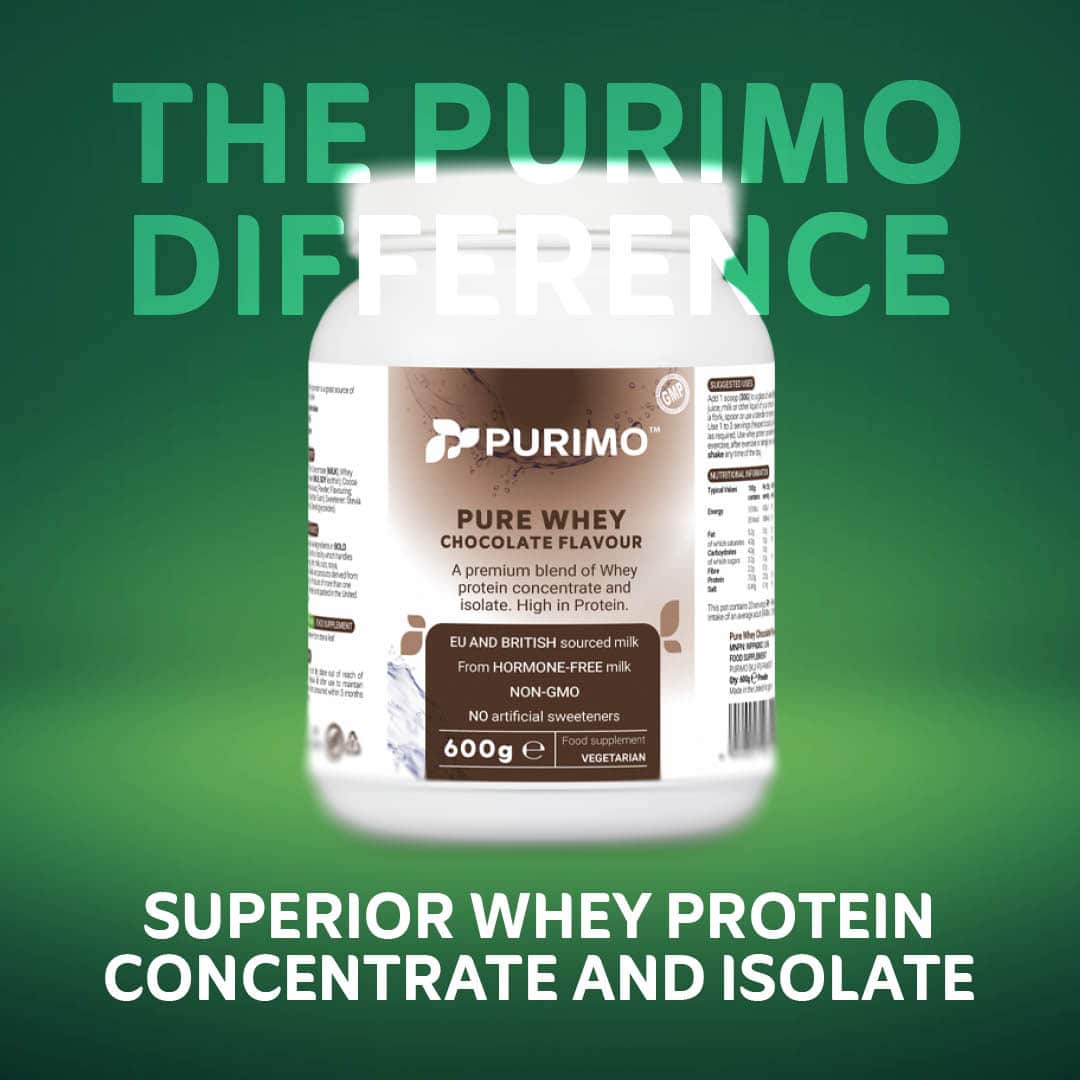 Pure Whey graphic - A photo of our chocolate whey protein on a green gradient with text saying "the Purimo difference" and "superior whey protein concentrate and isolate".