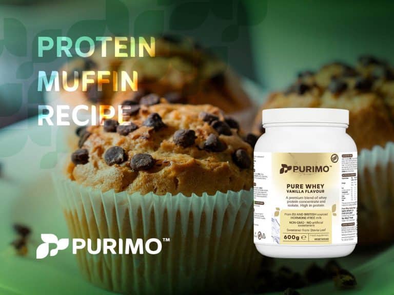 A graphic of our Purimo whey protein muffin recipe, featuring vanilla Pure Whey and the finished banana protein muffins.