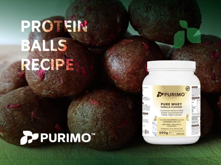A graphic of our Purimo whey protein balls recipe, featuring vanilla Pure Whey and the finished bakewell flavoured protein balls.