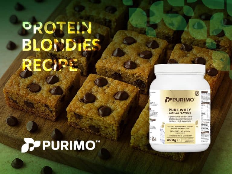 A graphic of our Purimo whey chocolate chip protein blondie recipe, featuring vanilla Pure Whey and the finished chocolate chip protein blondies.