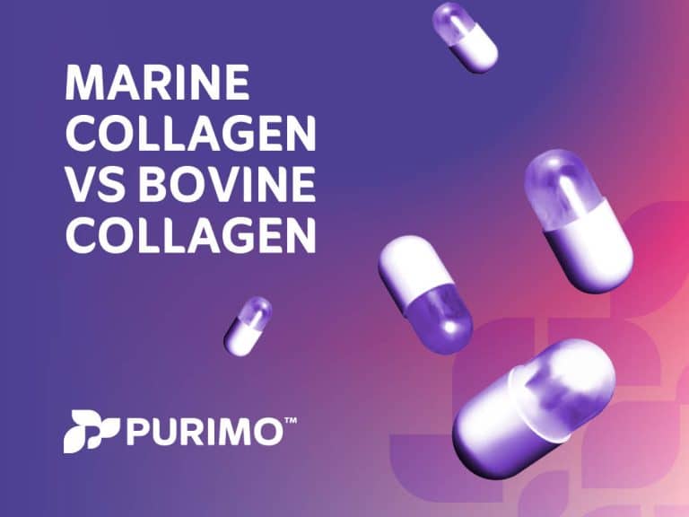 Graphic with text saying marine collagen and bovine collagen on a purple and pink gradient background, featuring cascading capsules along with the Purimo logo.