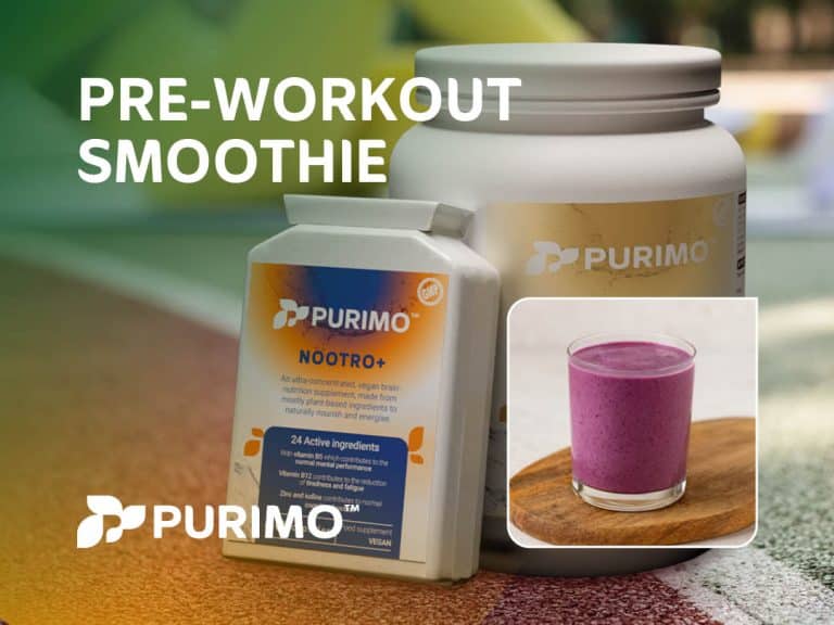 A graphic showcasing our pre-workout smoothie recipe, featuring our Pure Whey and Nootro+ as part of the recipe.