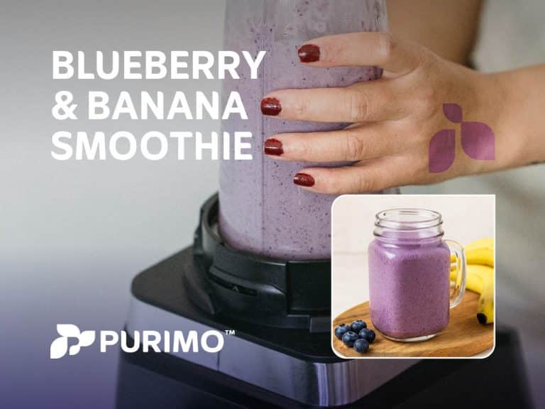 A graphic showcasing our blueberry and banana smoothie recipe, featuring our Pure Whey as part of the recipe.