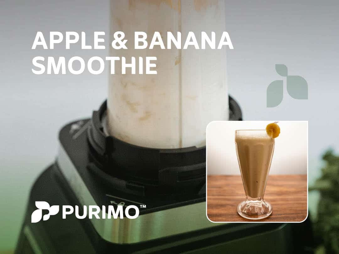 A graphic showcasing our apple and banana smoothie recipe, featuring our Pure Whey as part of the recipe.