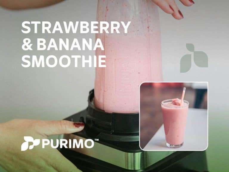 A graphic showcasing our strawberry and banana smoothie recipe, featuring our Pure Whey as part of the recipe.