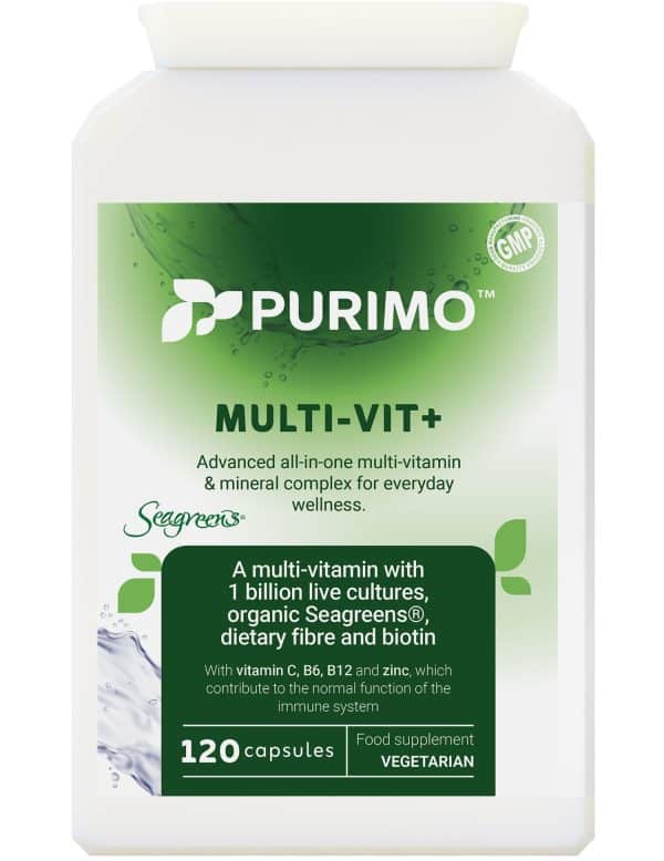 Multi-Vit+ A Multi Vitamin with Probiotics - Live cultures and biotin - Front of the bottle