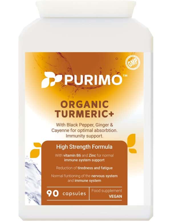 Organic Turmeric+ Supplement with Black Pepper, Ginger and Cayenne - Front of bottle