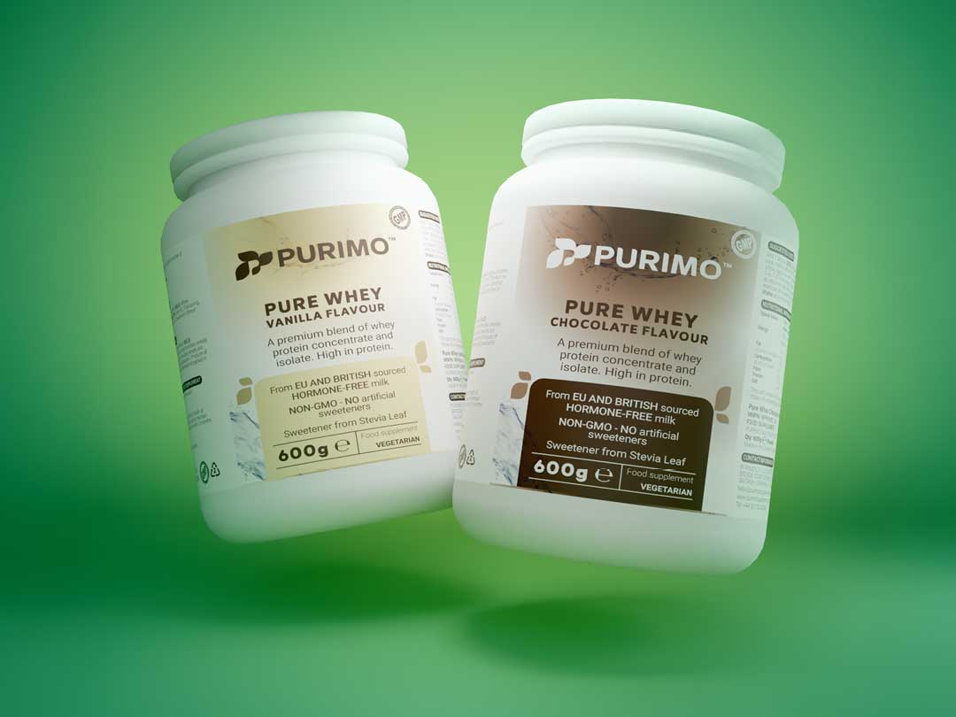 Purimo's vanilla and chocolate flavour whey protein powder, providing 22g of quality protein per serving.
