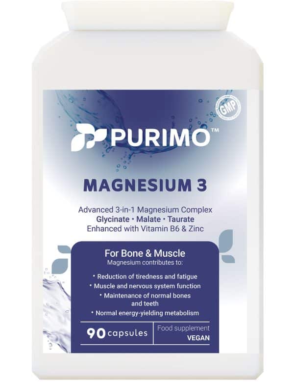 Magnesium 3 in one food supplement, front of bottle