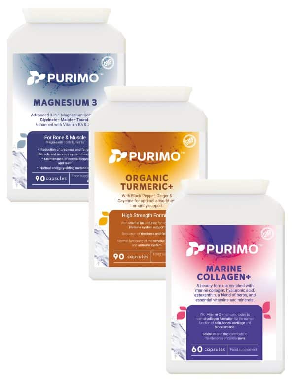 A calming inflammation and repair bundle and support daily repair: Magnesium 3, Organic Turmeric+, and Marine Collagen+ for restoration and balance.