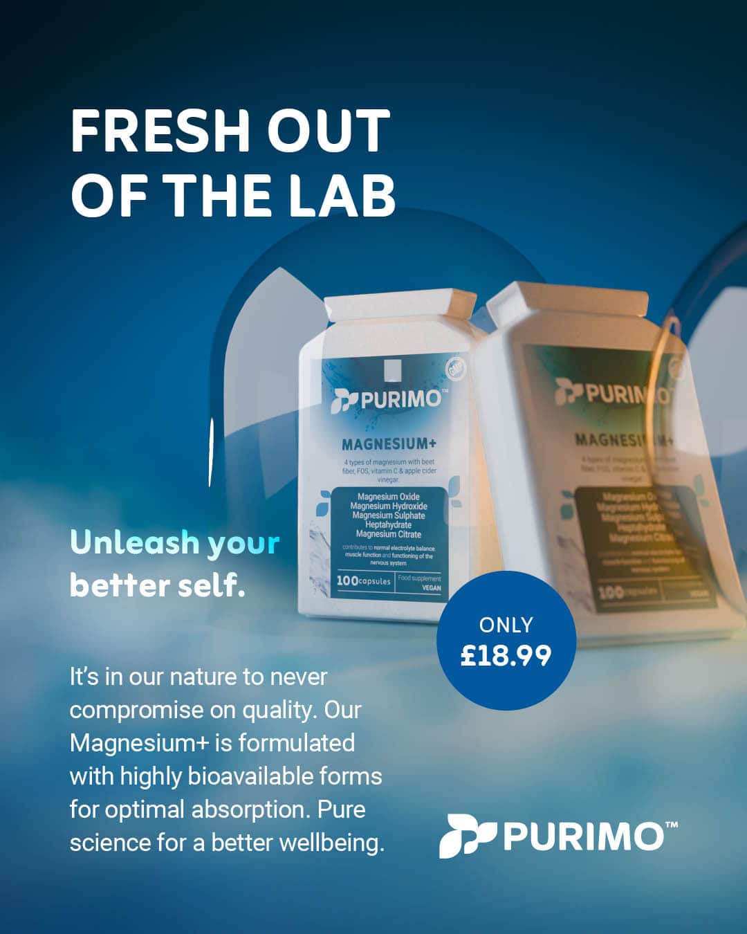 Fresh out of the lab: Purimo's premium Magnesium+ Complex, with four types of magnesium.