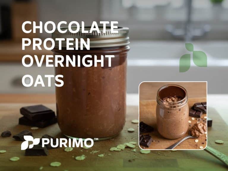 Chocolate protein overnight oats video in a jar made with our Pure Whey sat on a countertop amongst dark chocolate and oats.