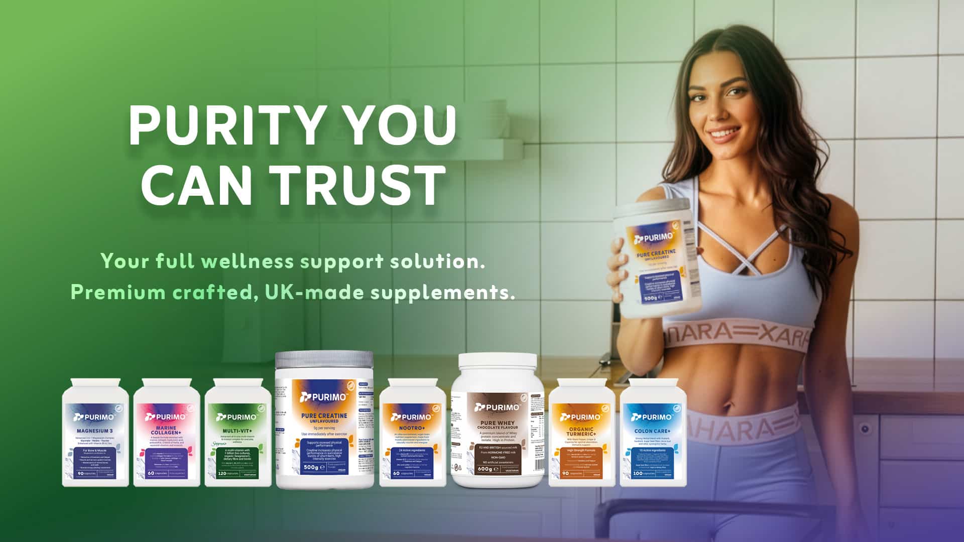 A woman is in a kitchen holding Purimo Supplements, with our range lined up across the counter.