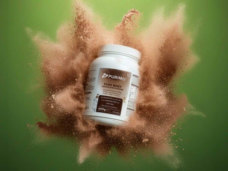 Purimo Pure Whey Chocolate pot with protein powder exploding behind it.