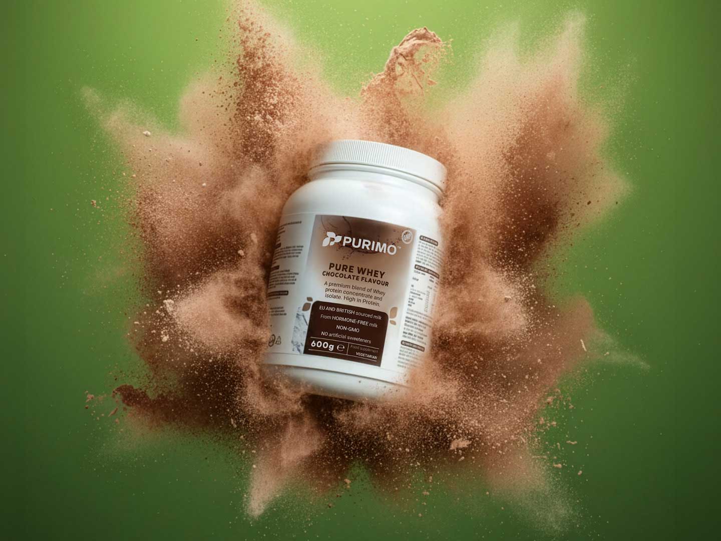 Purimo Pure Whey Chocolate pot with protein powder exploding behind it.