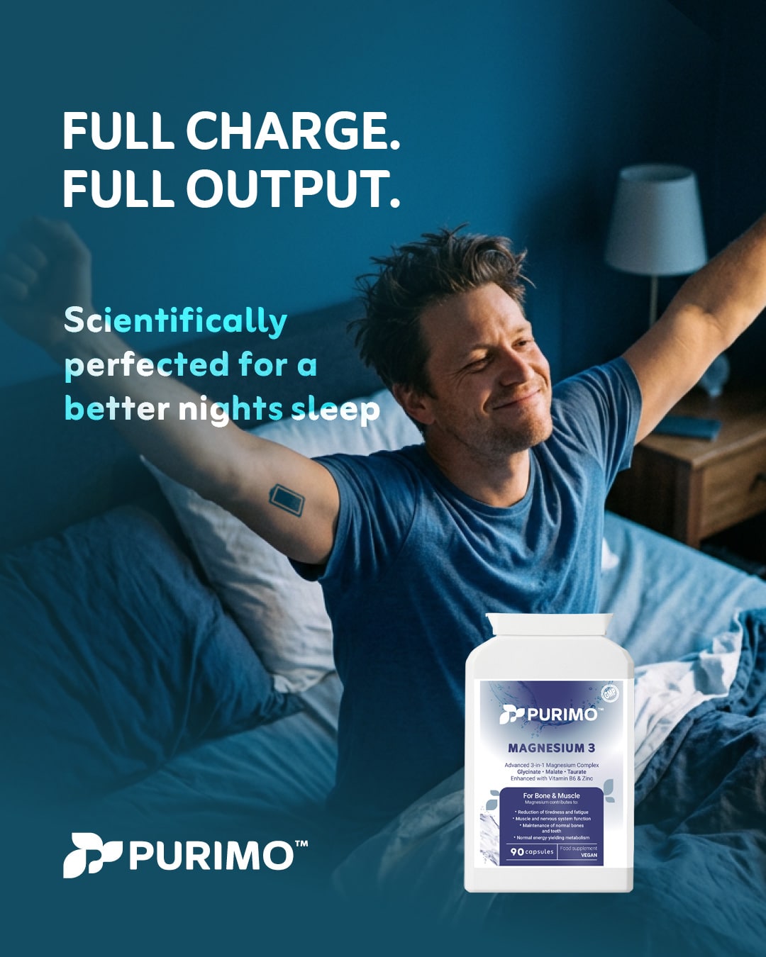 A man waking up and stretching in bed beside a Purimo Magnesium 3 bottle, with text promoting full charge, full output, and scientifically perfected sleep support.