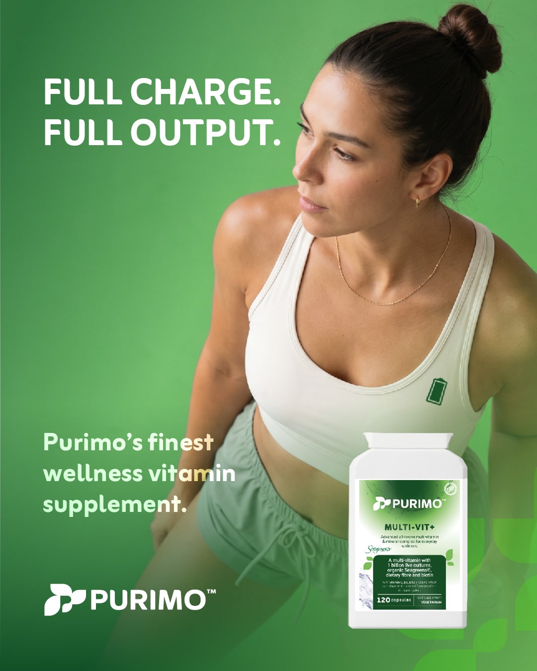 A woman in athletic wear stands against a green background beside a Purimo Multi‑Vit+ bottle, with text promoting full charge, full output, and Purimo’s finest wellness vitamin supplement.