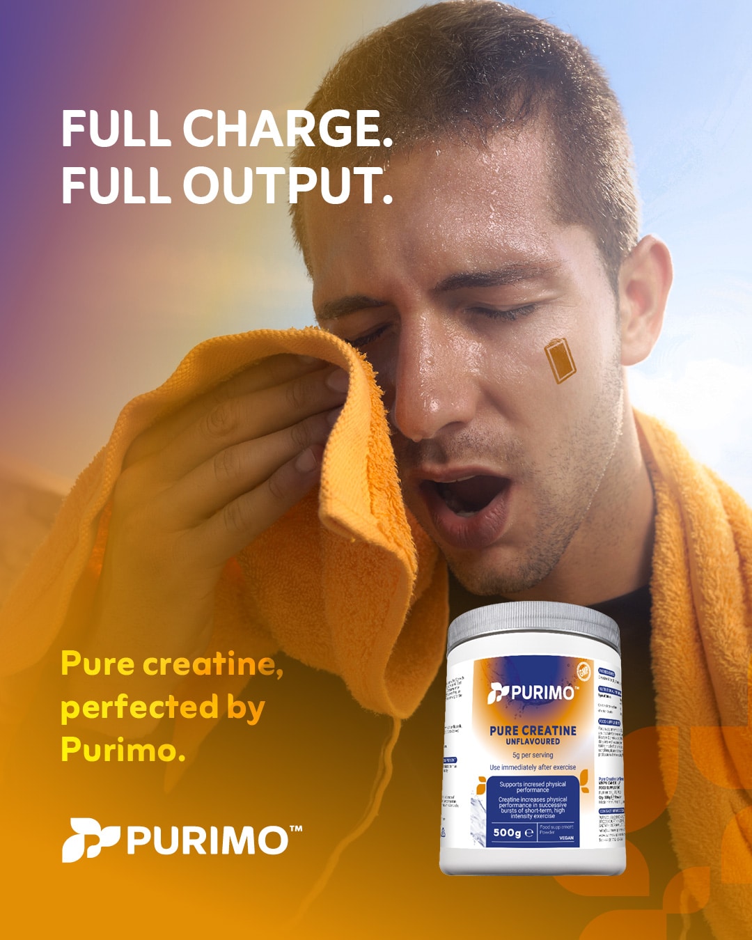 A person wiping sweat with a towel after training, with a small battery icon on the cheek, shown beside a Purimo Pure Creatine tub and the text promoting full charge, full output, and pure creatine perfected by Purimo.
