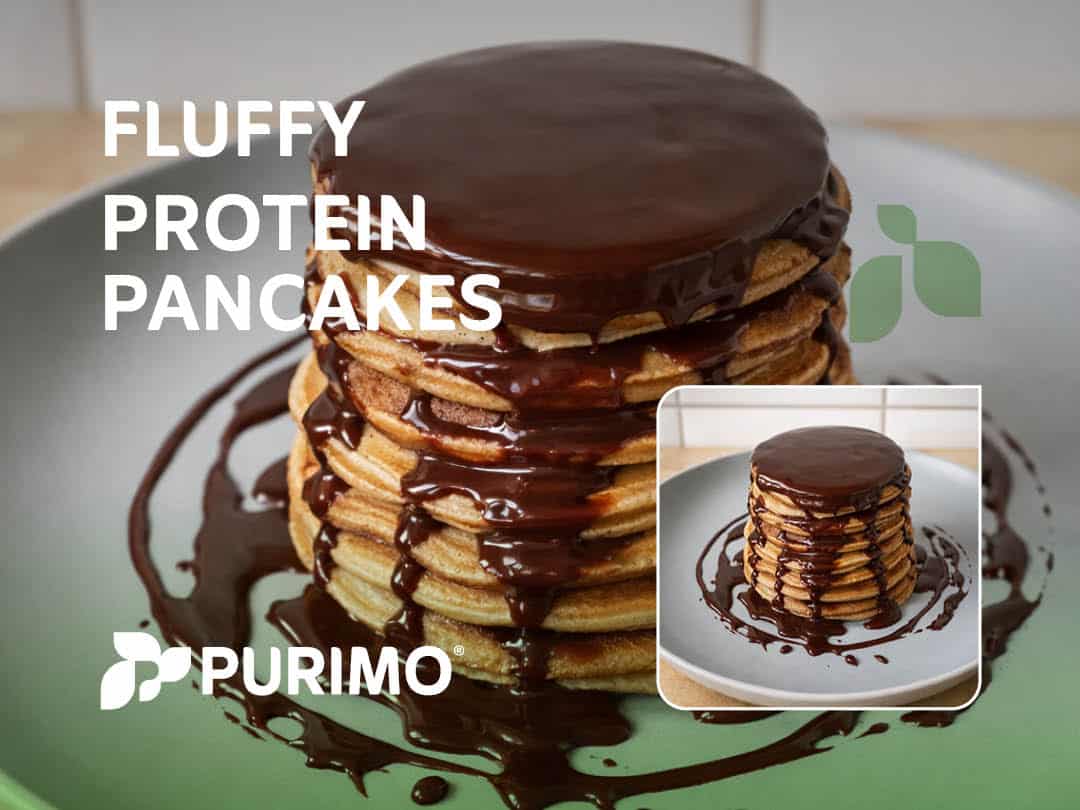 A stack of fluffy protein pancakes topped with thick chocolate sauce on a plate.